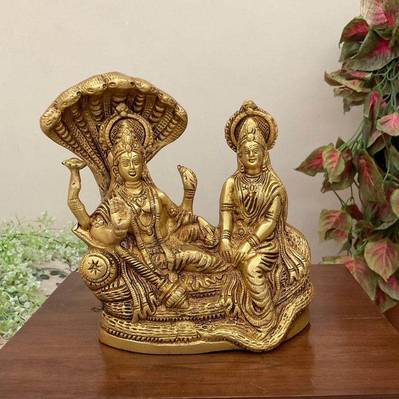 Lord Vishnu & Goddess Lakshmi Sitting On Anant Nag - Brass Idol - Decorative Home Decor-Crafts N Chisel - Indian home decor online USA