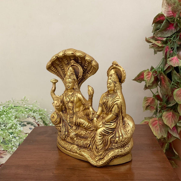 Lord Vishnu & Goddess Lakshmi Sitting On Anant Nag - Brass Idol - Decorative Home Decor-Crafts N Chisel - Indian home decor online USA