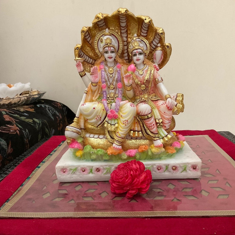 Lord Vishnu & Goddess Lakshmi Sitting On Anant Nag - Marble Dust Idol - Decorative Home Decor - Crafts N Chisel - Indian Home Decor USA
