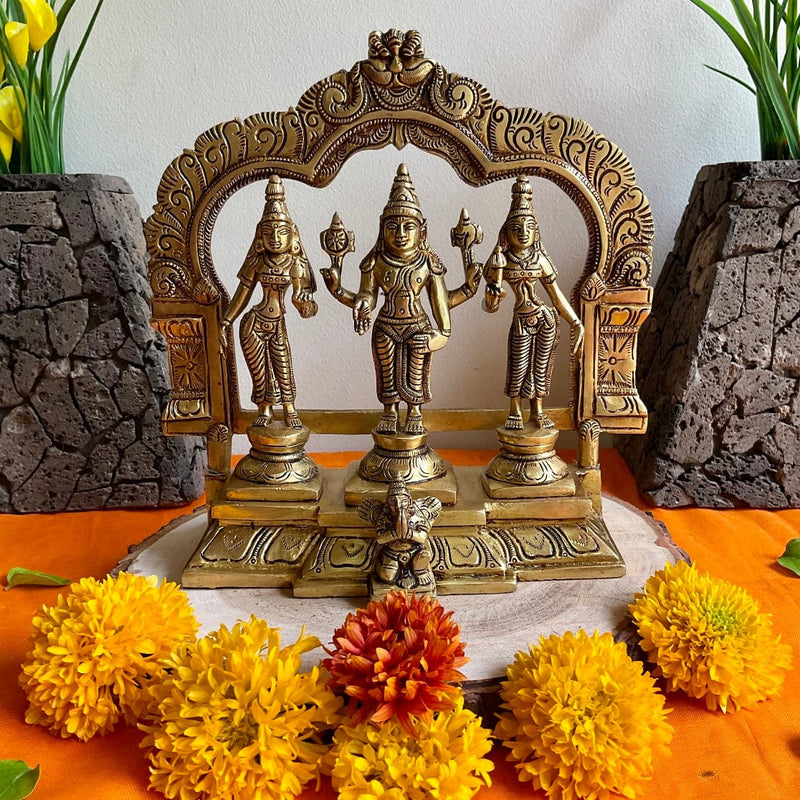 Lord Vishnu With Shridevi And Bhudevi Brass Idol - Decorative Home Decor - Crafts N Chisel - Indian Home Decor USA