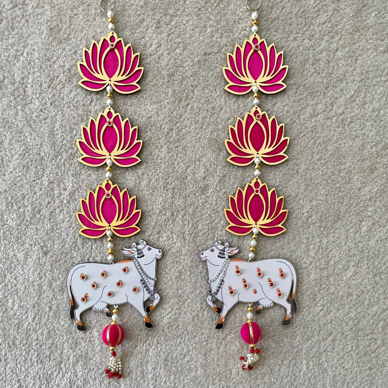 Lotus & Cow Hanging (Set of 2) - Festive Decoration Wall Hanging - Crafts N Chisel - Indian Home Decor USA