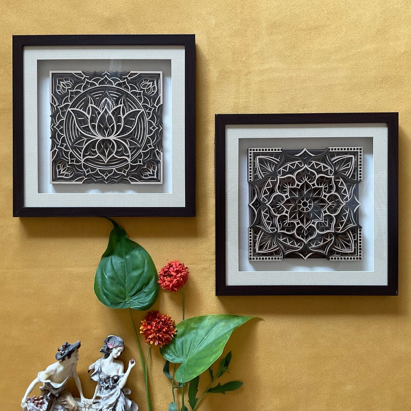 Lotus & Rangoli Wooden Mandala Wall Decor (Set of 2) - Wall hanging - Crafts N Chisel - Indian Home Decor USA