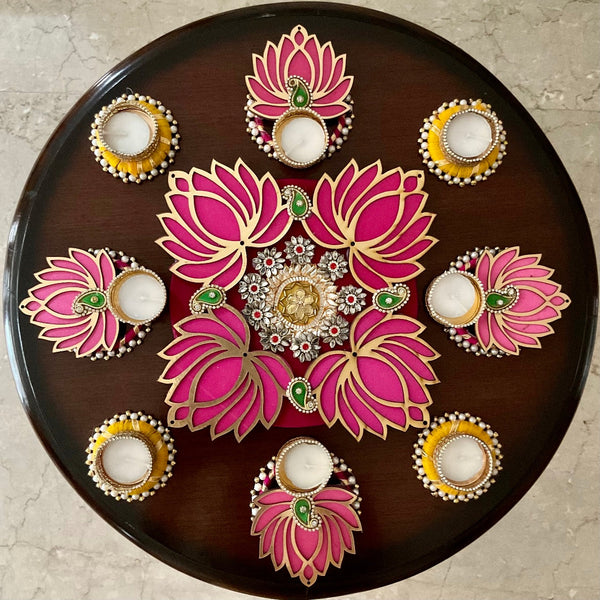 Lotus & Tea light Decorative Rangoli - Festive Diwali Decor - Crafts N Chisel - Indian Home Decor USA