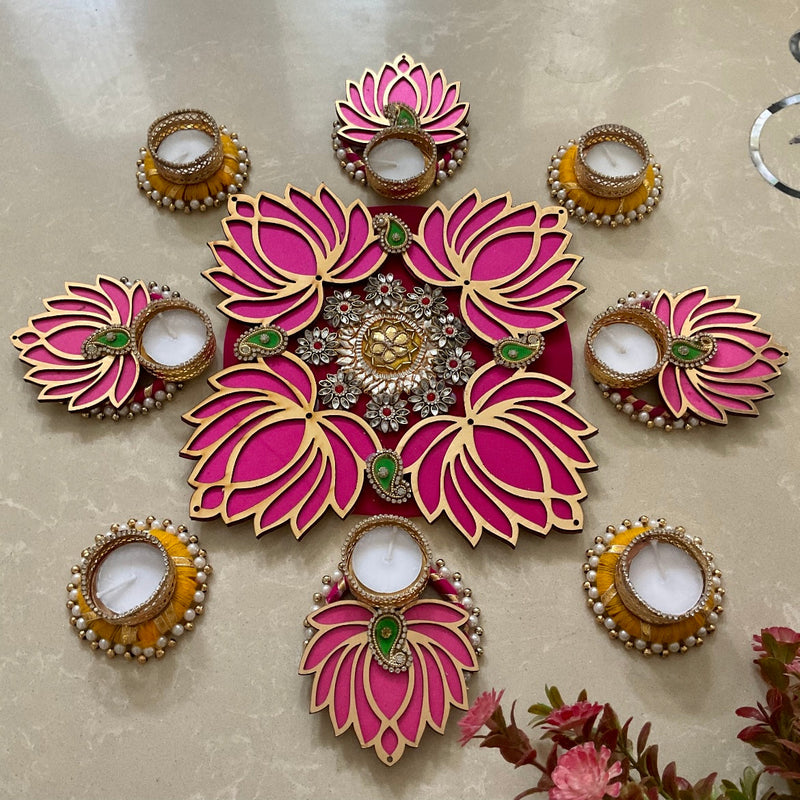 Lotus & Tea light Decorative Rangoli - Festive Diwali Decor - Crafts N Chisel - Indian Home Decor USA