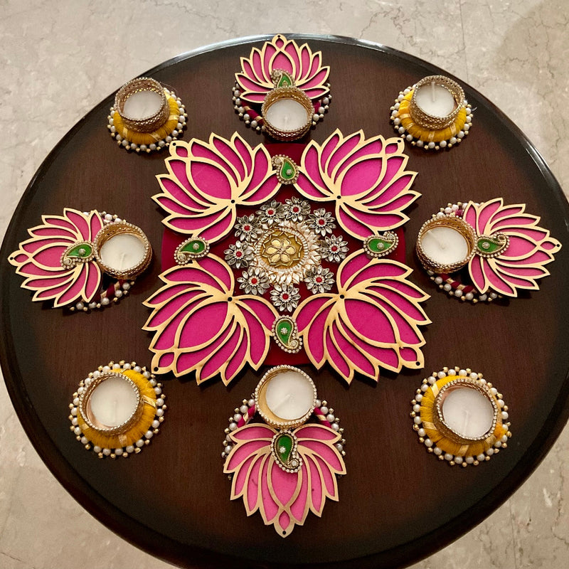 Lotus & Tea light Decorative Rangoli - Festive Diwali Decor - Crafts N Chisel - Indian Home Decor USA