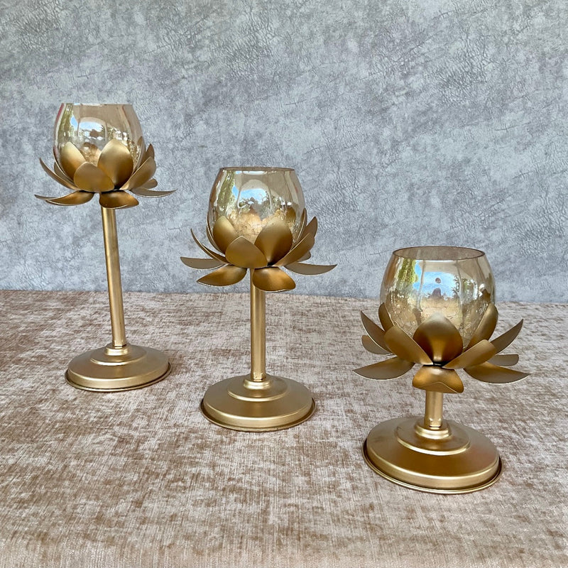 Lotus Glass Candle Holder (Set of 3) - Crafts N Chisel - Indian Home Decor USA