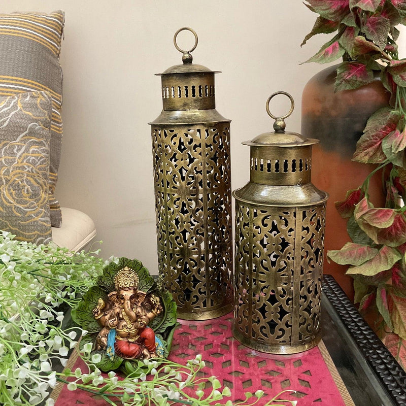 Metallic Candle Holder - Lanterns (Set of 2)- Crafts N Chisel - Indian Home Decor USA