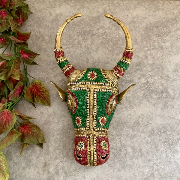 Nandi Brass Decor With Stonework - Divine Wall Hanging - Crafts N Chisel - Indian Home Decor USA
