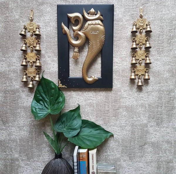 Om Ganesha Wall Hanging with Shubh Labh Bell Bell (Set of 3)- Indian Home Decor - Crafts N Chisel USA