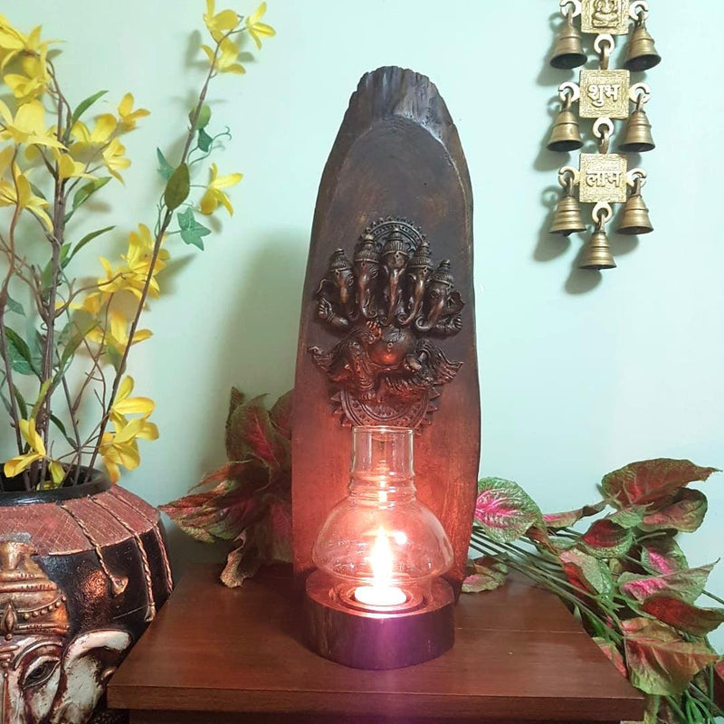 Panchmukhi Ganesha Wooden Panel Tea Light - Wall Decor - Crafts N Chisel- online handicraft USA