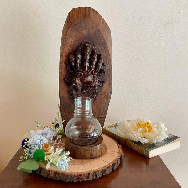 Panchmukhi Ganesha Wooden Panel Tea Light - Wall Decor - Crafts N Chisel - Indian Home Decor USA