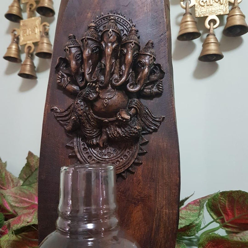 Panchmukhi Ganesha Wooden Panel Tea Light - Wall Decor - Crafts N Chisel- online handicraft USA