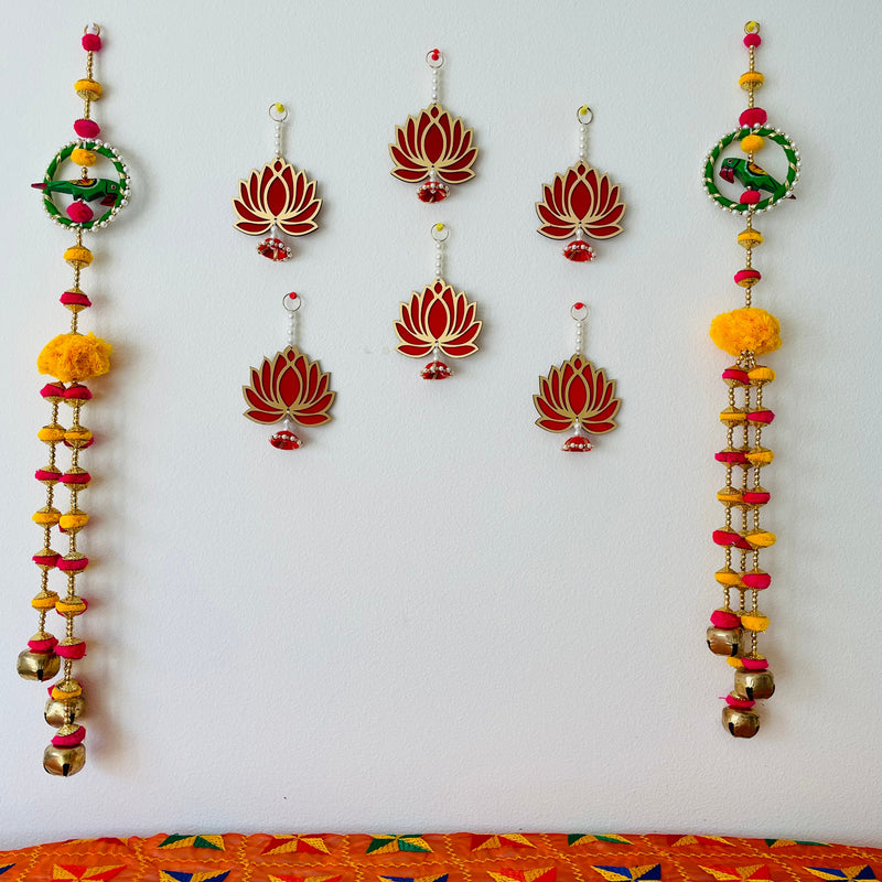 Parrot & Lotus Hanging (Set of 8) - Festive Decoration Wall Hanging - Crafts N Chisel - Indian Home Decor USA