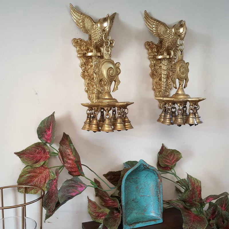 Parrot Hanging Diya & Bell - Shanku & Chakra (Set is 2) - Brass Wall Hanging - Decorative Antique finish-Crafts N Chisel-Indian Handicrafts Online USA