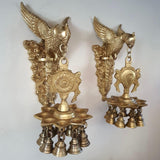 Parrot Hanging Diya & Bell - Shanku & Chakra (Set is 2) - Brass Wall Hanging - Decorative Antique finish-Crafts N Chisel-Indian Handicrafts Online USA