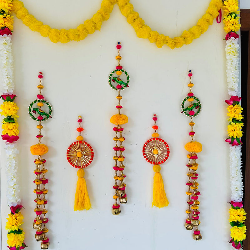Parrot Hanging With Artificial Flower Garlands (Set of 8) - Festive Decoration Wall Hanging - Crafts N Chisel - Indian Home Decor USA