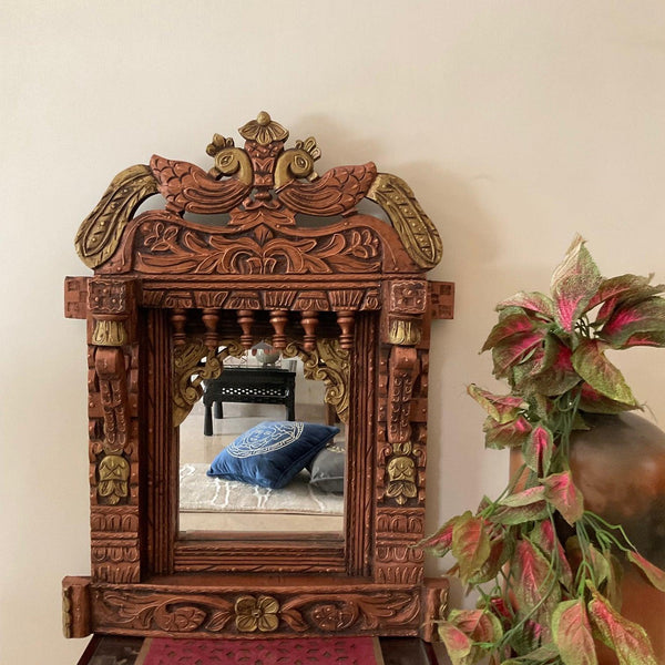 Peacock Decorative Wooden Jharoka With Mirror - Wall Decor- Crafts N Chisel - Indian Home Decor USA