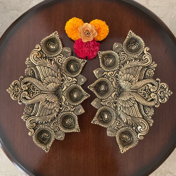 Peacock Diya Flat (Set of 2) - Handmade Brass lamp - Decorative - Crafts N Chisel - Indian Home Decor USA