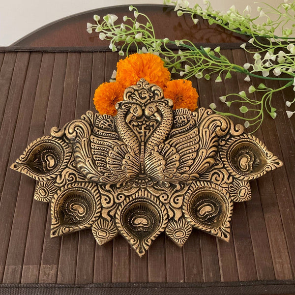 Peacock Diya Flat (Set of 2) - Handmade Brass lamp - Decorative - Crafts N Chisel - Indian Home Decor USA