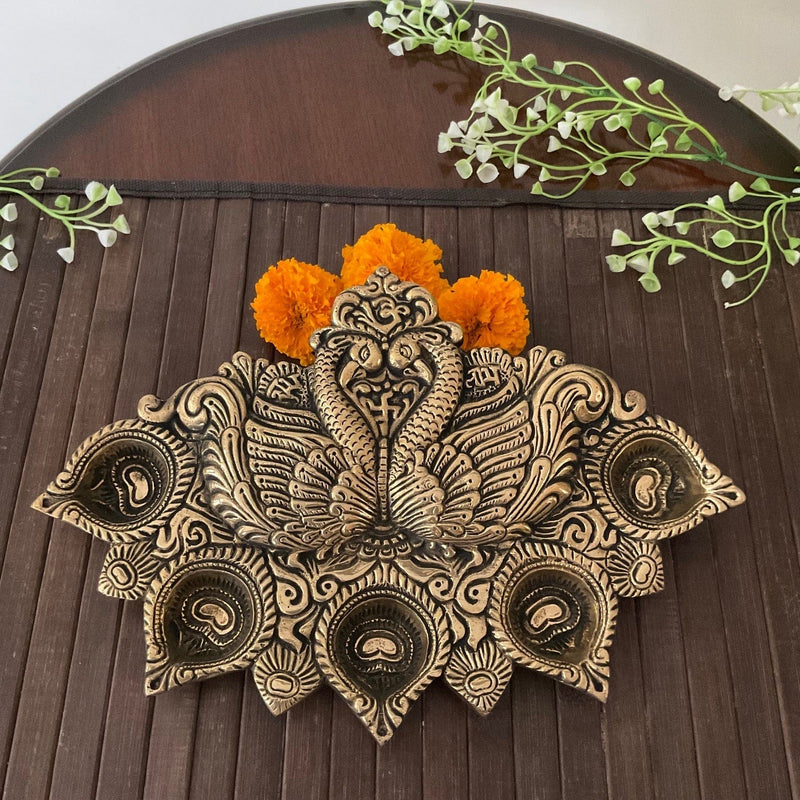 Peacock Diya Flat (Set of 2) - Handmade Brass lamp - Decorative - Crafts N Chisel - Indian Home Decor USA