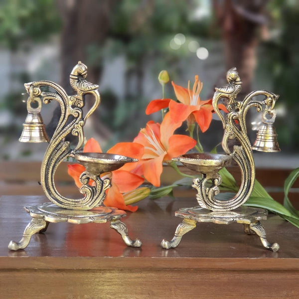 Peacock Diya With Bell (Set of 2) - Handmade Brass lamp - Decorative-Crafts N Chisel-Indian Handicrafts Online USA