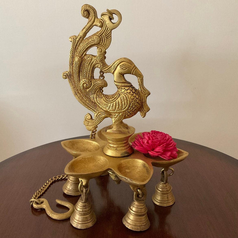 Indian traditional Peacock Brass Hanging Bells 3.7 x 3.7 x 34 Inch