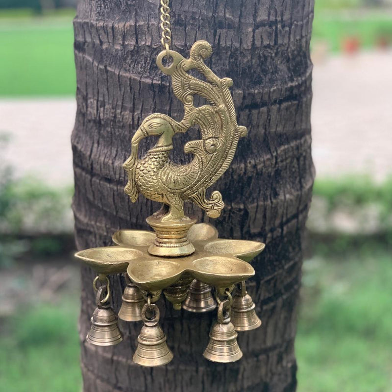 Traditional Brass Temple Bells with Peacock for Home Decor Brass