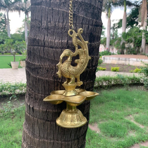Peacock Hanging Diya - Brass Wall Hanging - Decorative and Religious - Crafts N Chisel - Indian home decor - Online USA