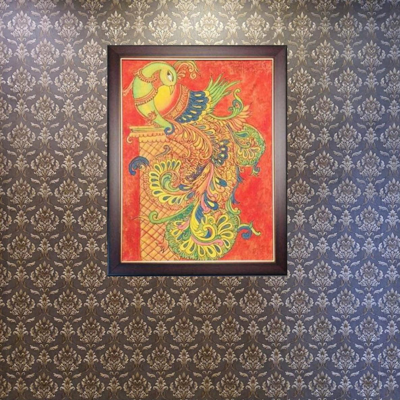 Peacock Kerala Mural - Handpainted Wall Decor- Crafts N Chisel - Indian Home Decor USA