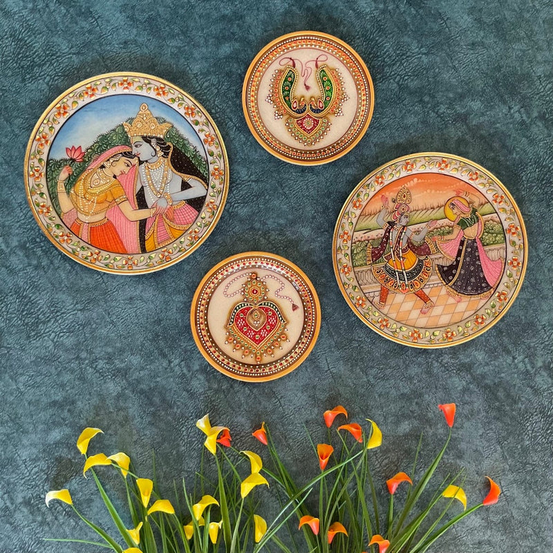 Radha krishna & Jewelry Painting (Set of 4) - Wall Hanging - Decorative Round Marble Plate - Crafts N Chisel - Indian Home Decor USA