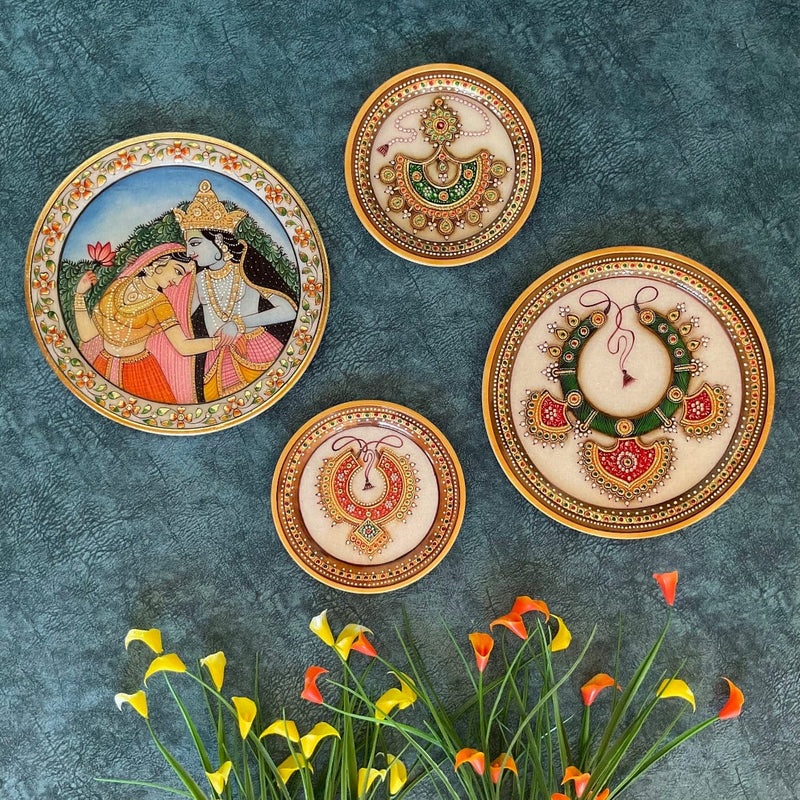 Radha krishna & Meenakari Jewelry Painting (Set of 4) - Wall Hanging - Decorative Round Marble Plate - Crafts N Chisel - Indian Home Decor USA