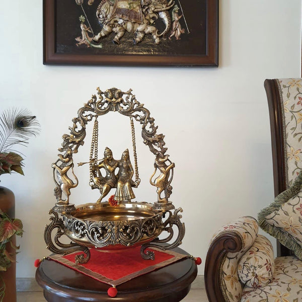 Radha Krishna Swing Decorative Brass Urli-Crafts N Chisel - Indian handicrafts home decor USA