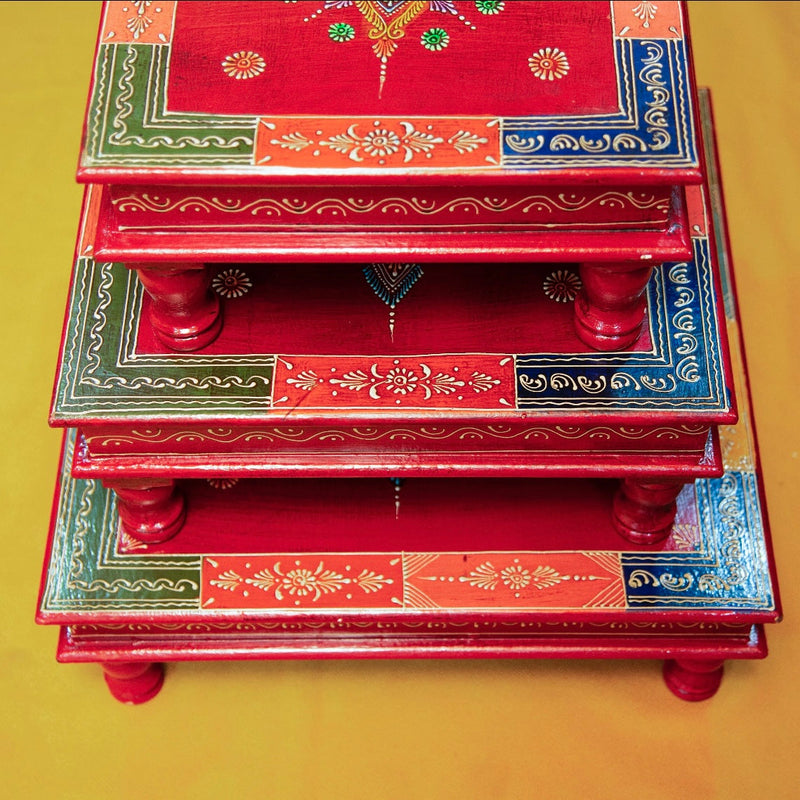 Red Design Square Wooden Chowki For Idols And Pooja (Set of 3) - Crafts N Chisel - Indian Home Decor USA