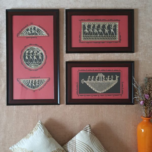 Dhokra Warli Wall Hanging (set of 3) - Wall Decor - Home Decor-Crafts N Chisel-Indian Handicrafts Online USA