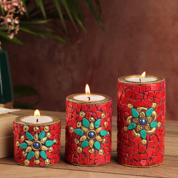Red Stonework Wooden Candle Holder (Set of 3) - Decorative Tea Lights - Festive Decor-Crafts N Chisel USA - Indian Home Decor USA