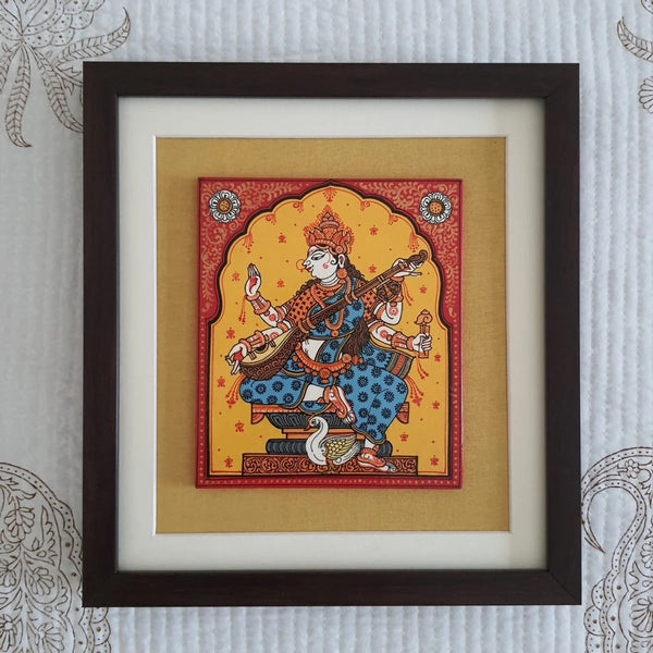 Saraswati Pattachitra Painting - Handpainted Wall Decor - Crafts N Chisel - Indian Home Decor USA