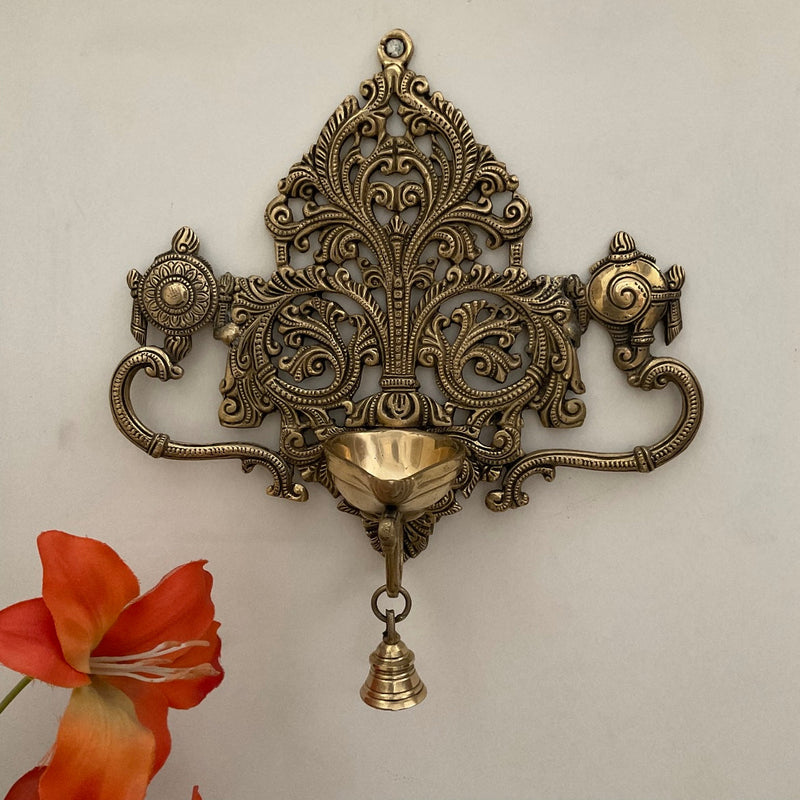 Shanku & Chakra Brass Hanging Diya & Bell - Decorative - Crafts N Chisel - Indian Home Decor USA