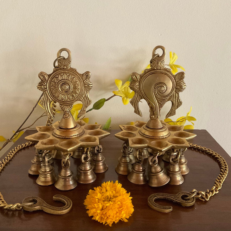 Shanku & Chakra Hanging Diya & Bell (Set is 2) - Brass Wall Hanging - Temple Decor - Crafts N Chisel - Indian Home Decor USA