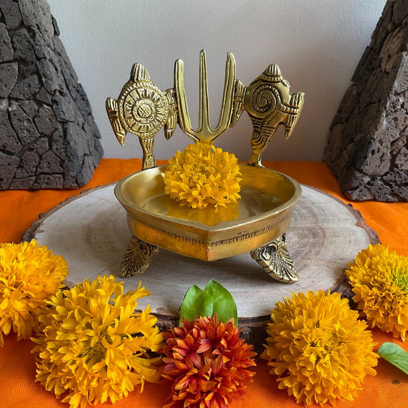Shanku Chakra Namah Diya & Deep Lakshmi (Set of 3) - Handmade Brass lamp - Decorative Festive Decor - Crafts N Chisel - Indian Home Decor USA