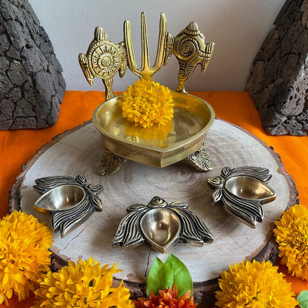 Shanku Chakra Namah Diya With Lotus Small Diya (Set of 4) - Handmade Brass lamp - Decorative Festive Decor - Crafts N Chisel - Indian Home Decor USA