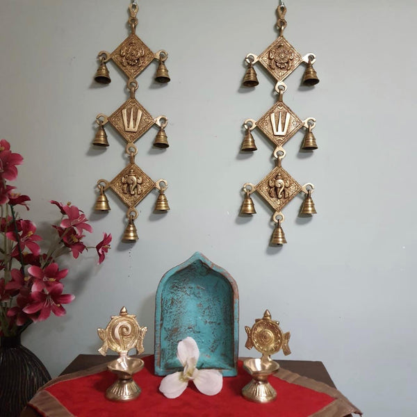 Shanku Namah Chakra Brass Bell & Diya (Set of 4)-Crafts N Chisel-Indian Handicrafts Online USA