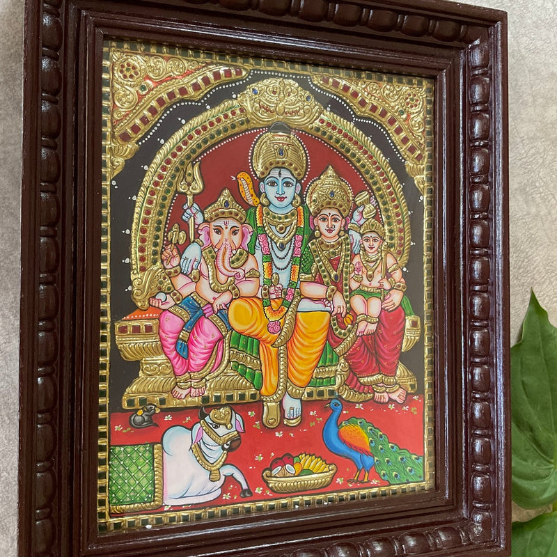 Shiv Parivar 3D Embossing Tanjore Painting - Traditional Wall Art - Crafts N Chisel - Indian Home Decor USA