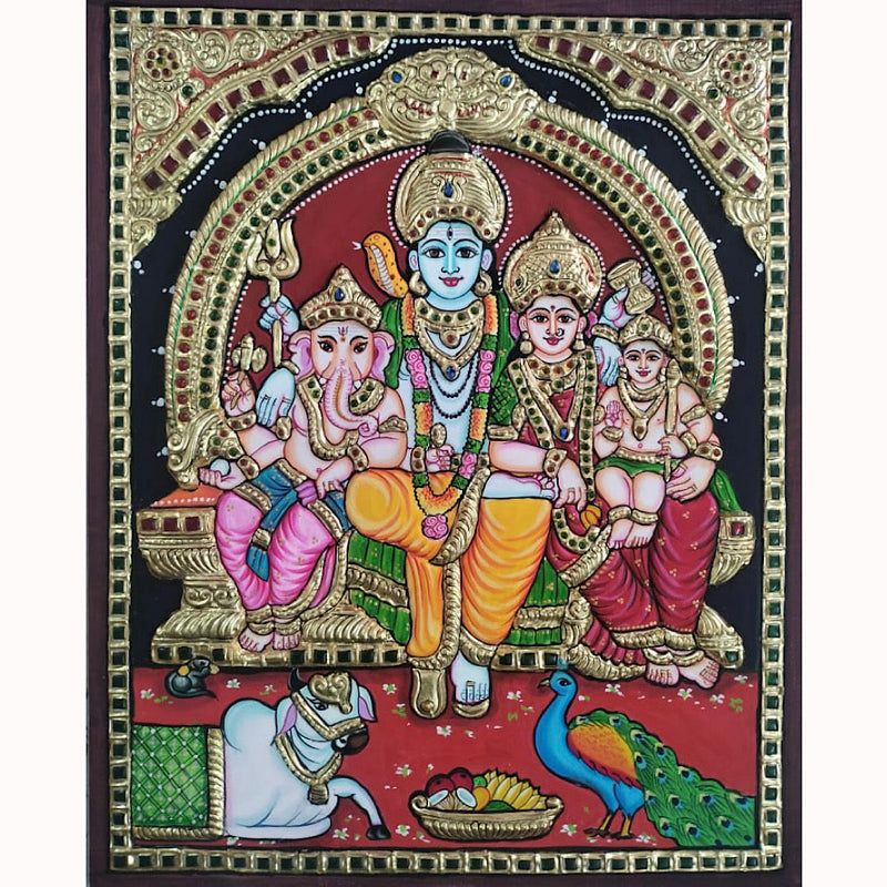 Shiv Parivar 3D Embossing Tanjore Painting - Traditional Wall Art - Crafts N Chisel - Indian Home Decor USA