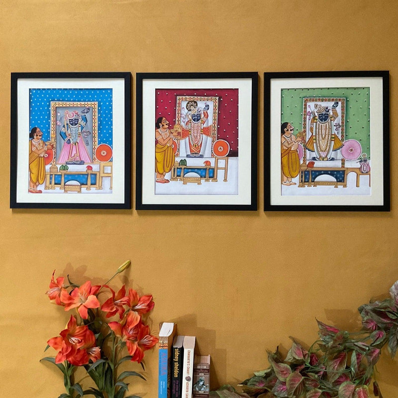 Shrinathji Pichwai Painting (Set of 3) - Handpainted Wall Decor- Crafts N Chisel - Indian Home Decor USA
