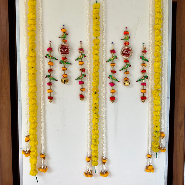 Shubh Labh Parrot Hanging With Artificial Flower Garlands (Set of 15) - Festive Decoration Wall Hanging - Crafts N Chisel - Indian Home Decor USA