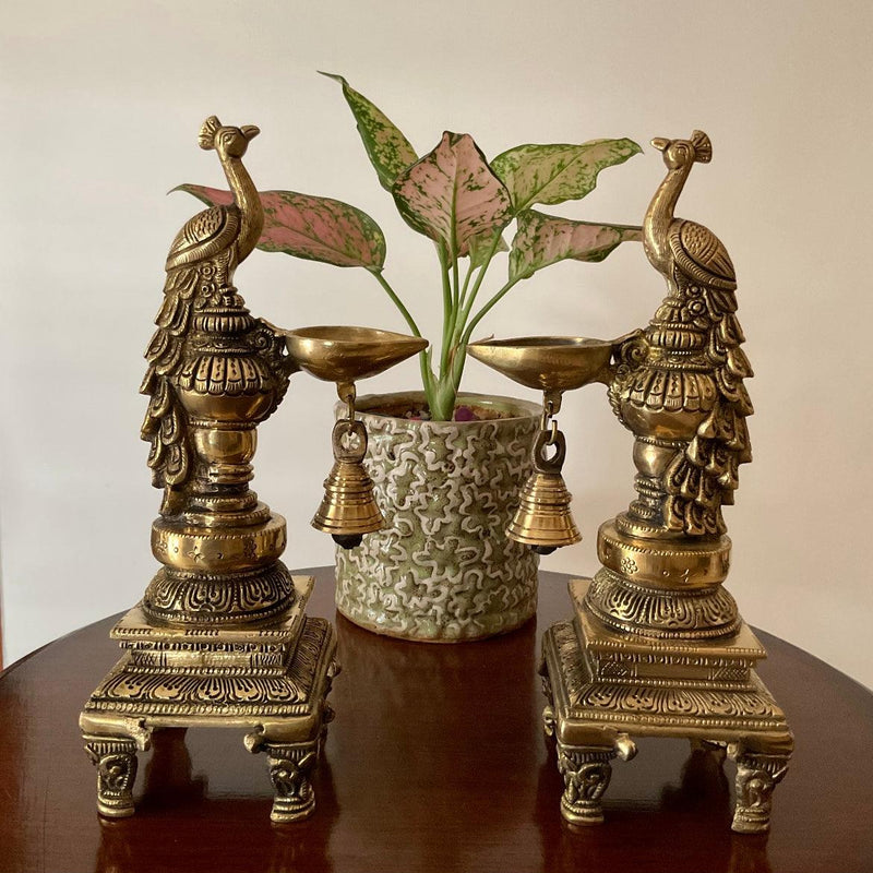 Sitting Peacock Diya & Bell (Set of 2) - Handmade Brass lamp - Decorative - Crafts N Chisel - Indian Home Decor USA