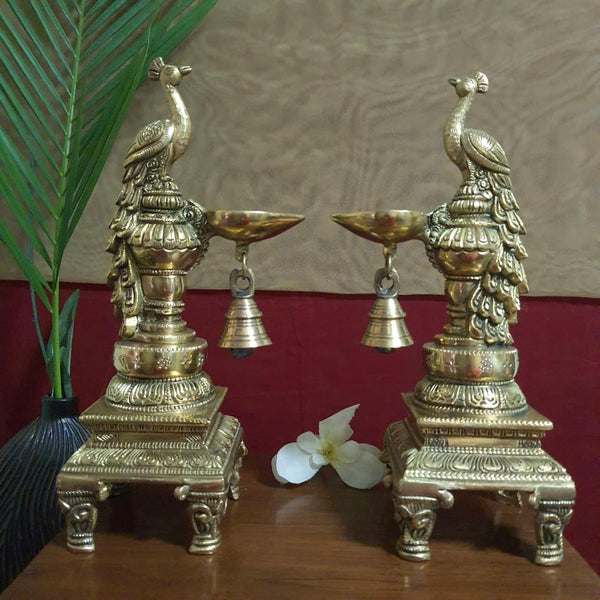 Sitting Peacock Diya & Bell (Set of 2) - Handmade Brass lamp - Decorative-Crafts N Chisel-Indian Handicrafts Online USA