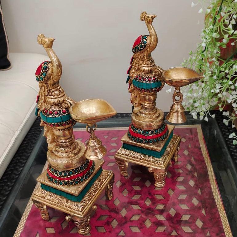 Sitting Peacock Diya & Bell (Set of 2) - Handmade Brass Stonework lamp - Decorative-Crafts N Chisel - Indian home decor online USA