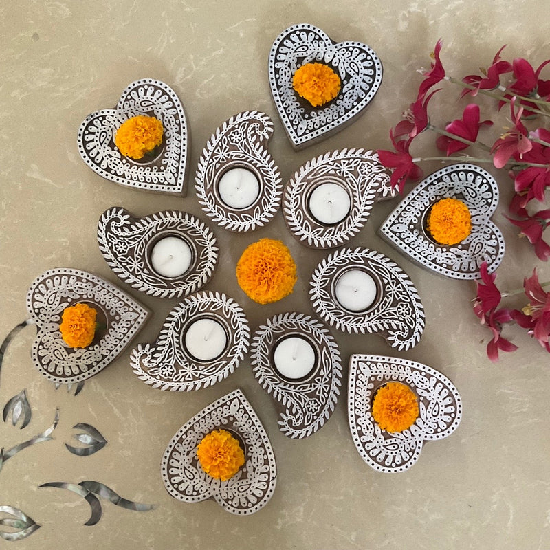 Small Keri & Heart Wooden Diya (Set of 12) - Tea light Holder - Diwali Decor & Gifts - Crafts N Chisel - Indian Home Decor USA