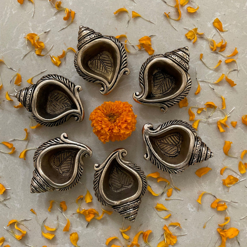 Small Shank Diya (Set of 6) - Handmade Brass lamp - Decorative-Crafts N Chisel USA - Indian Home Decor USA